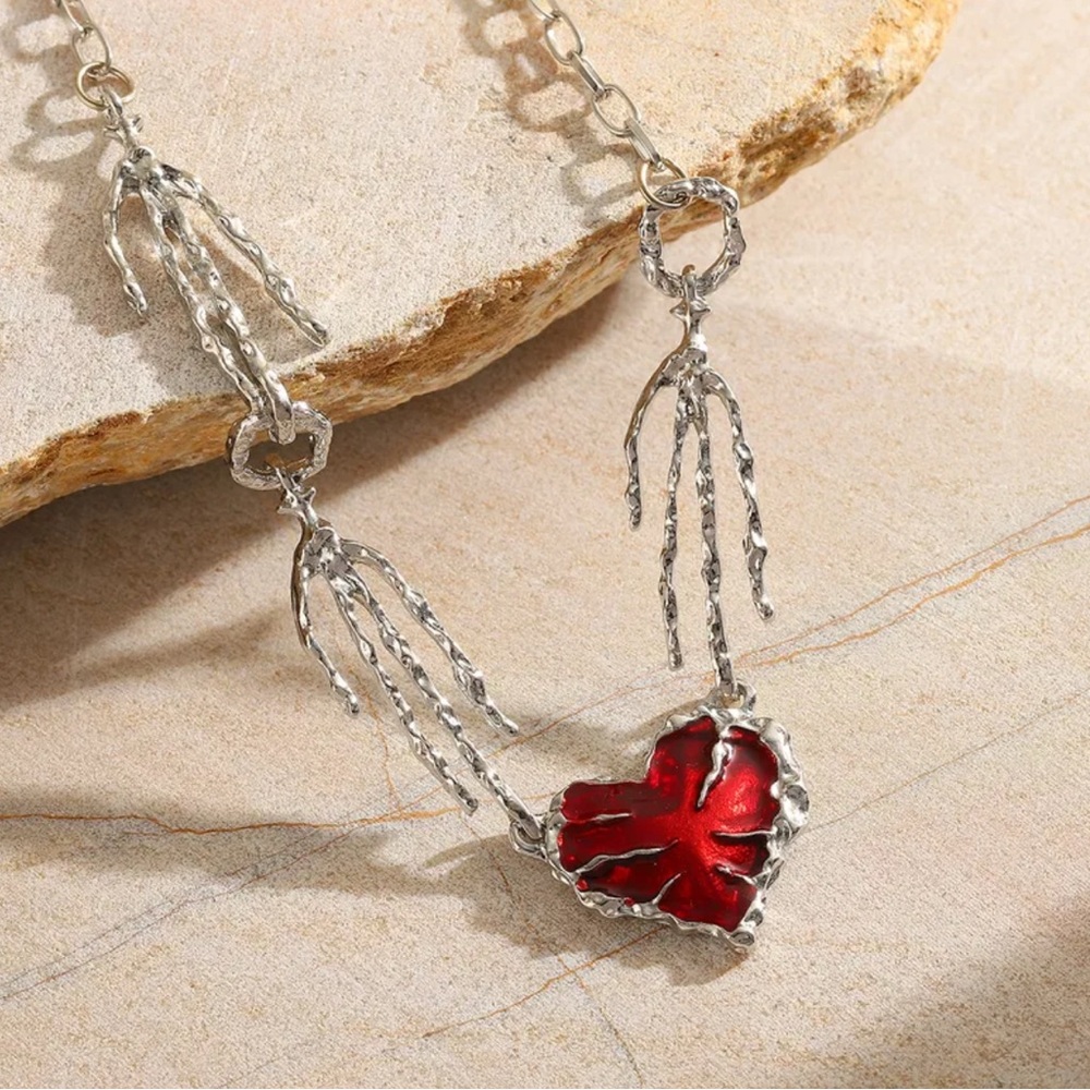 Halloween Skeleton Hands Necklace with Red Heart – Gothic Punk Statement Jewelry